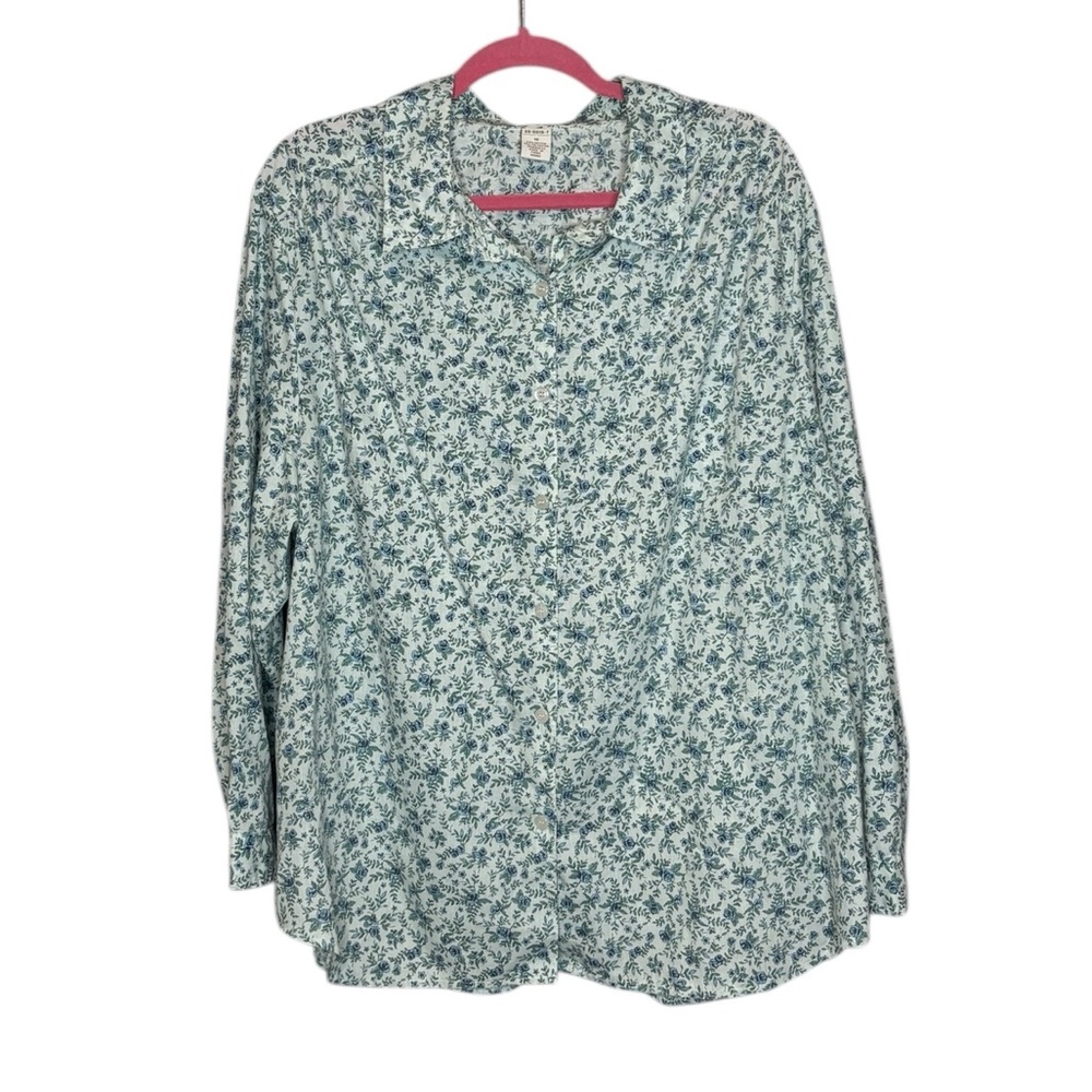 ROAMAN'S Plus 1X Blue Green Floral Long Sleeve Button-Down Shirt Cotton Blend